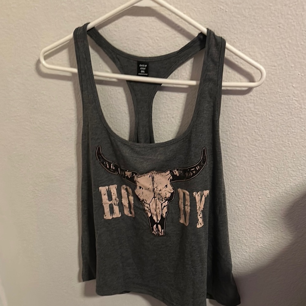 SHEIN Dark Charcoal Gray Crop Graphic Tank Top